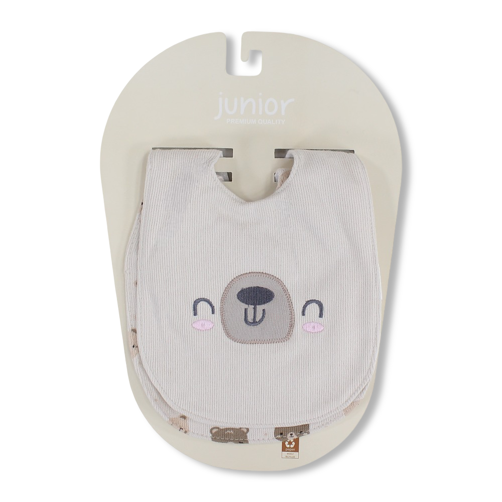 Cotton Baby Bibs – Beige with Bear Design (2 Pieces)