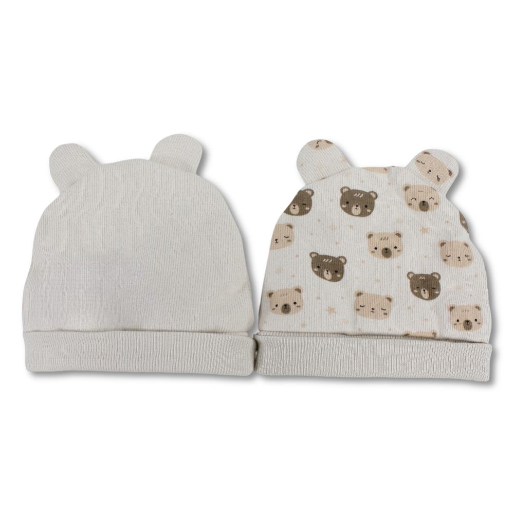 Baby Boys Cotton Beanie Set – Beige with Bear Ears and Bear Print (Pack of 2)