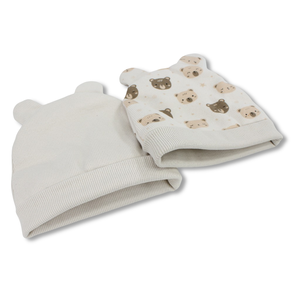 Baby Boys Cotton Beanie Set – Beige with Bear Ears and Bear Print (Pack of 2)