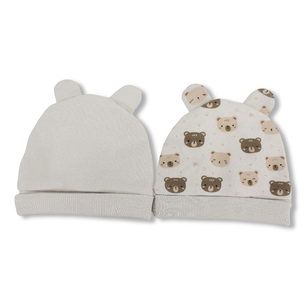 Baby Boys Cotton Beanie Set – Beige with Bear Ears and Bear Print (Pack of 2)