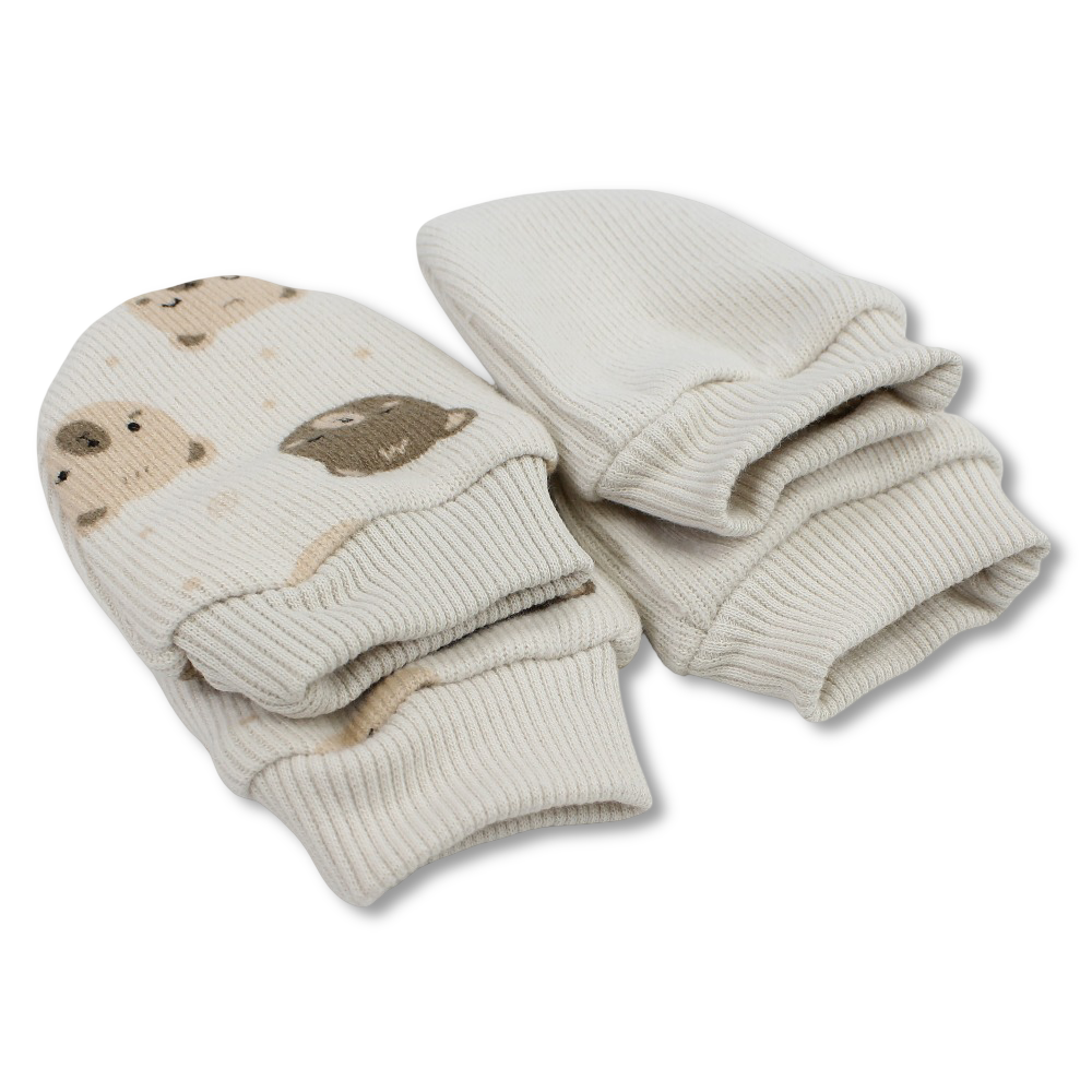 Baby Boys Cotton Hand Mittens Set – Beige with Bear Print (Pack of 2)
