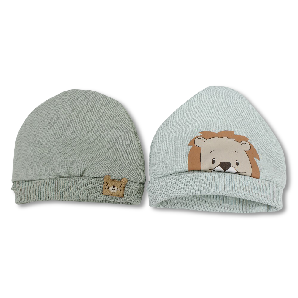Baby Boys Cotton Beanie Set – Aqua/Mint with Lion Design (Pack of 2)