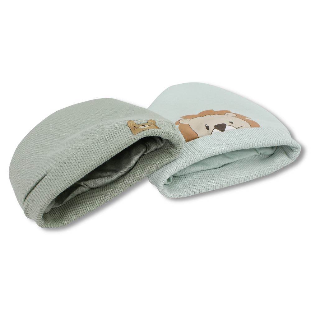 Baby Boys Cotton Beanie Set – Aqua/Mint with Lion Design (Pack of 2)