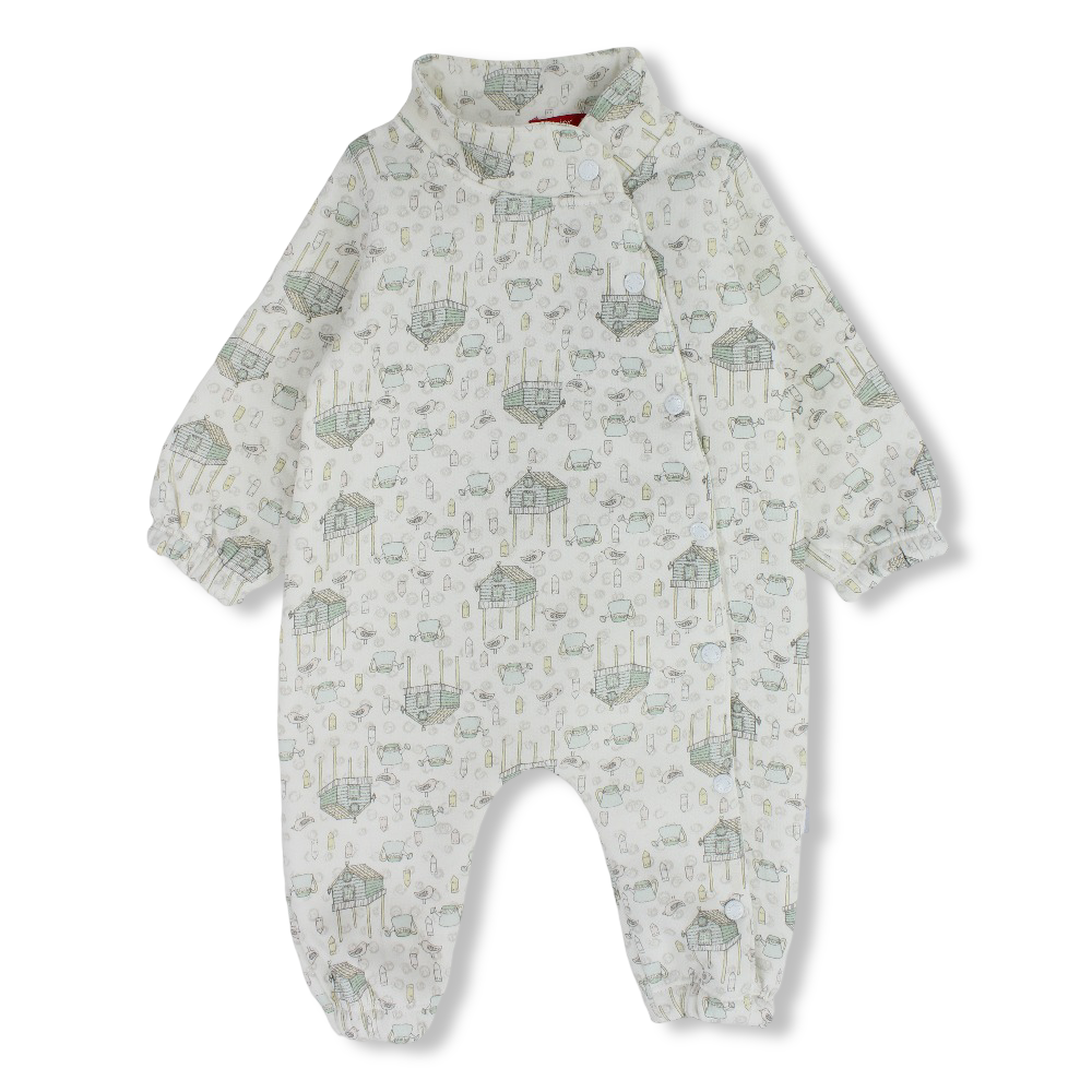 Baby Girls Cotton Footless Onesie – Off-White with Birds and Teapots Print