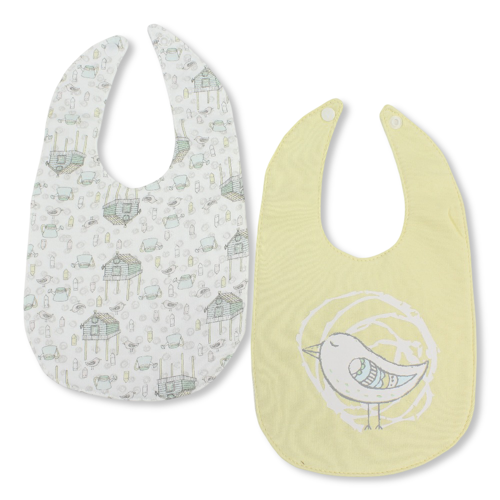 Cotton Baby Bib – Yellow & Off-White with Bird Print (2 Pieces)