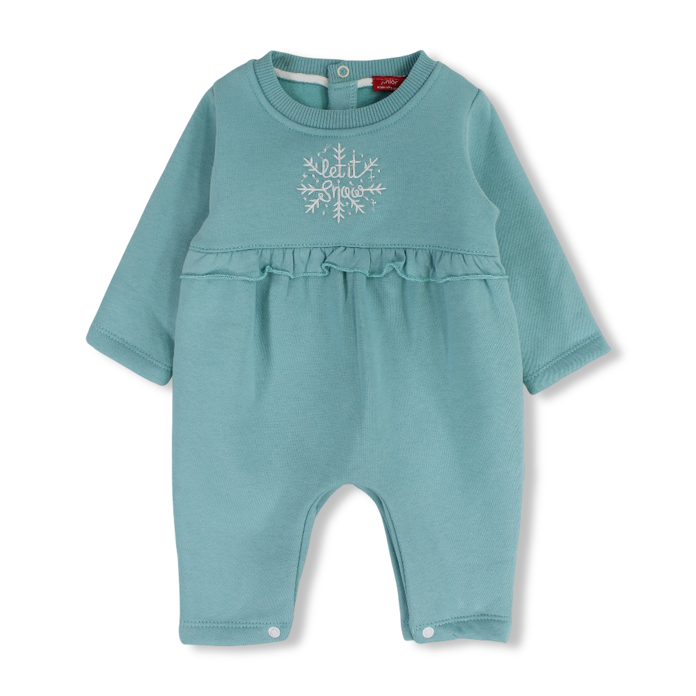 Baby Girls Cotton Footless Onesie – Aqua with Snow Flake Embroidery