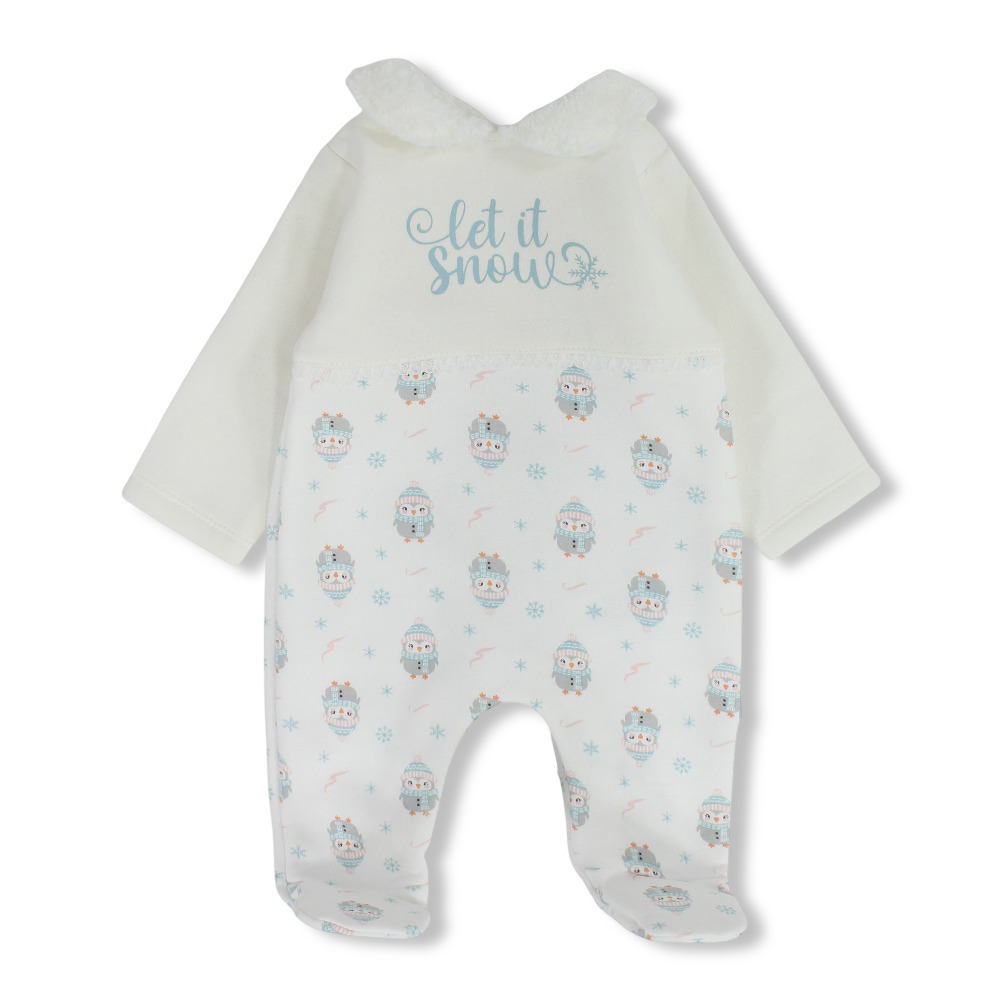 Baby Girls Cotton Baby Footie – Off-White with “Let It Snow” Design