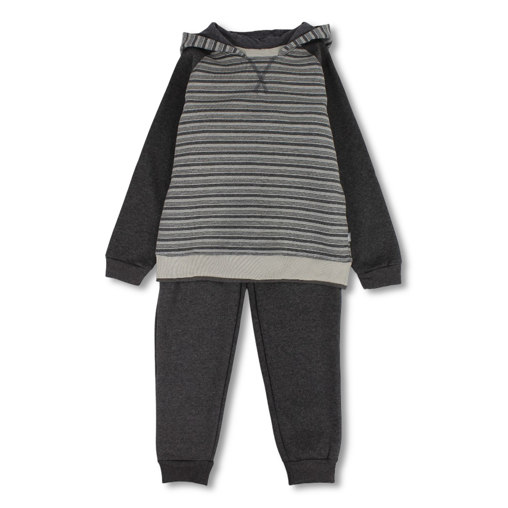 Boys Cotton Hooded Pajama Set – Grey with Stripes Design