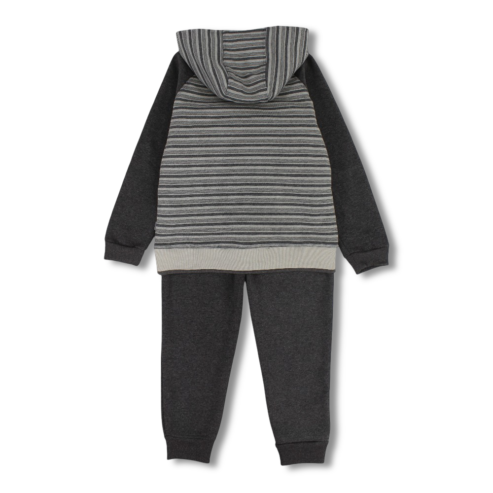 Boys Cotton Hooded Pajama Set – Grey with Stripes Design
