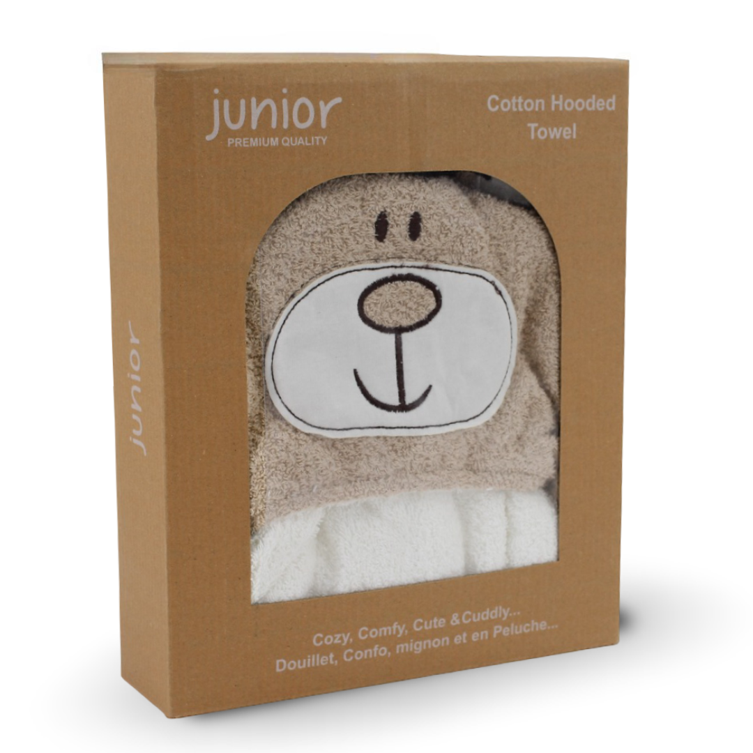 Cotton Baby Hooded Towel  – Off-White & Coffee with Bear Design