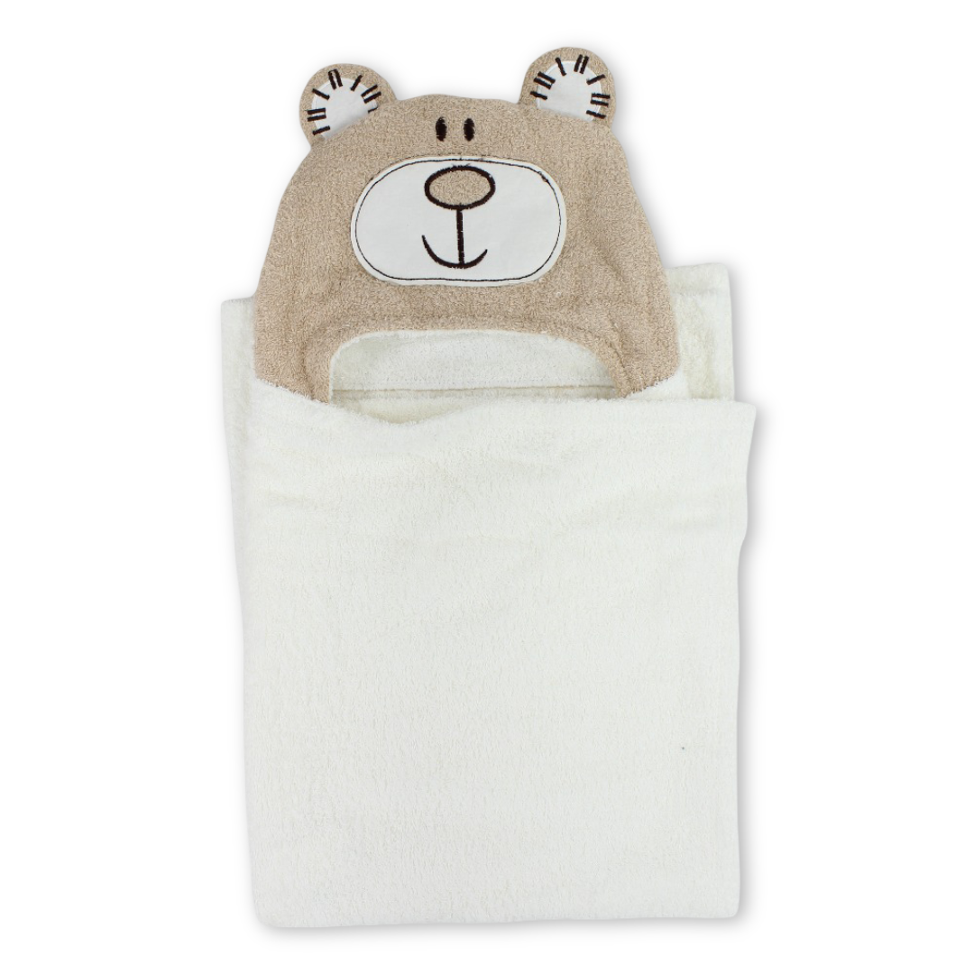 Cotton Baby Hooded Towel  – Off-White & Coffee with Bear Design