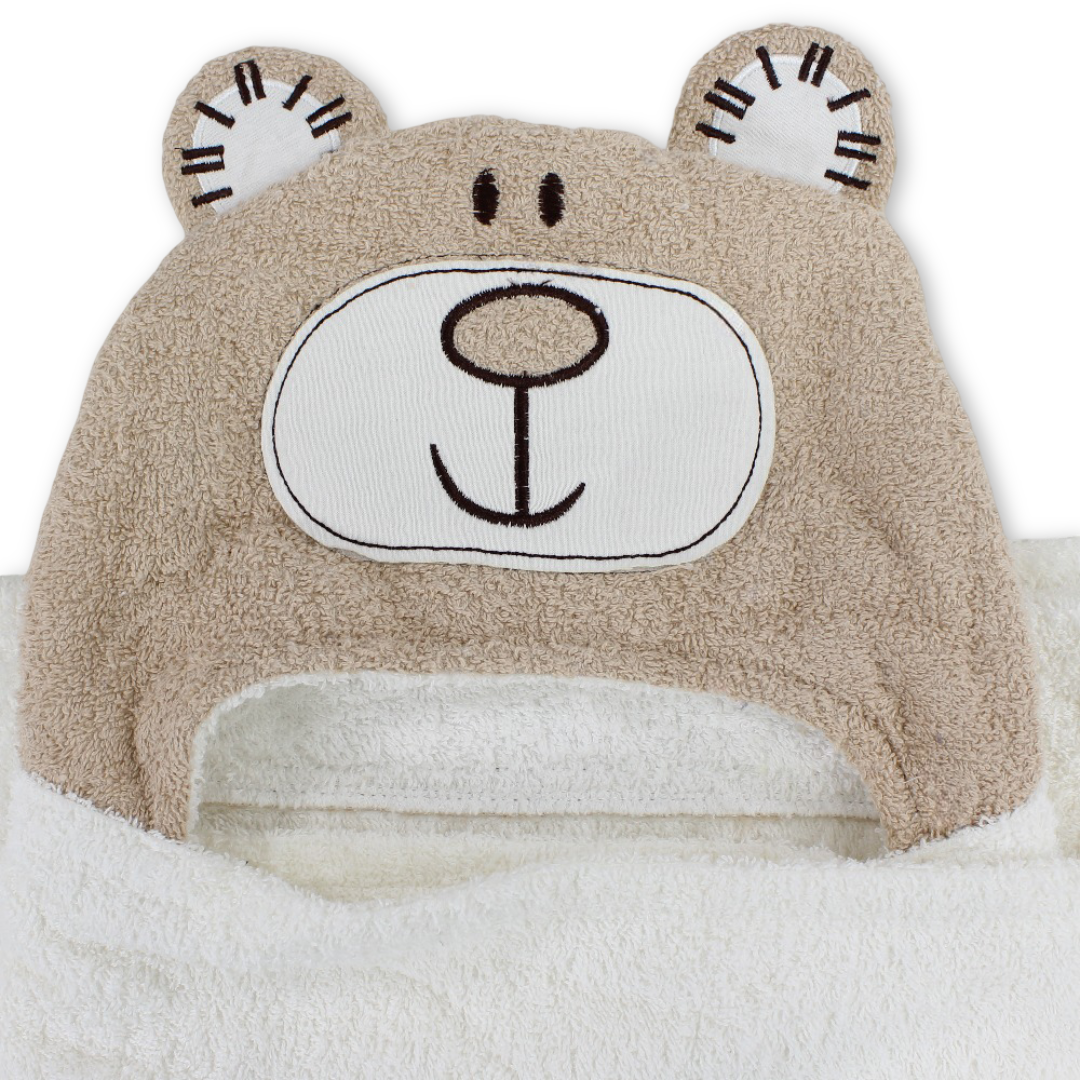 Cotton Baby Hooded Towel  – Off-White & Coffee with Bear Design