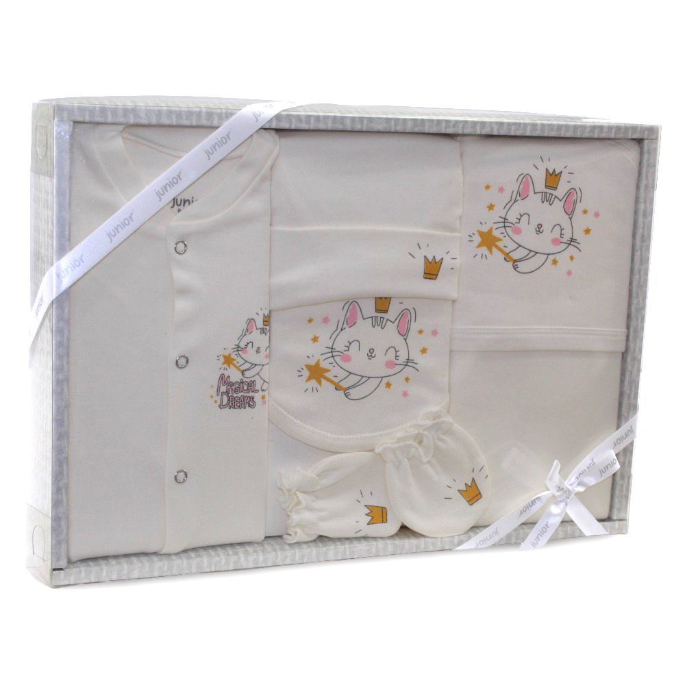 Baby Girls Cotton Gift Box – Off-White with “Magical Dreams” Cat Design 5 Pcs (0-3m) - Junior