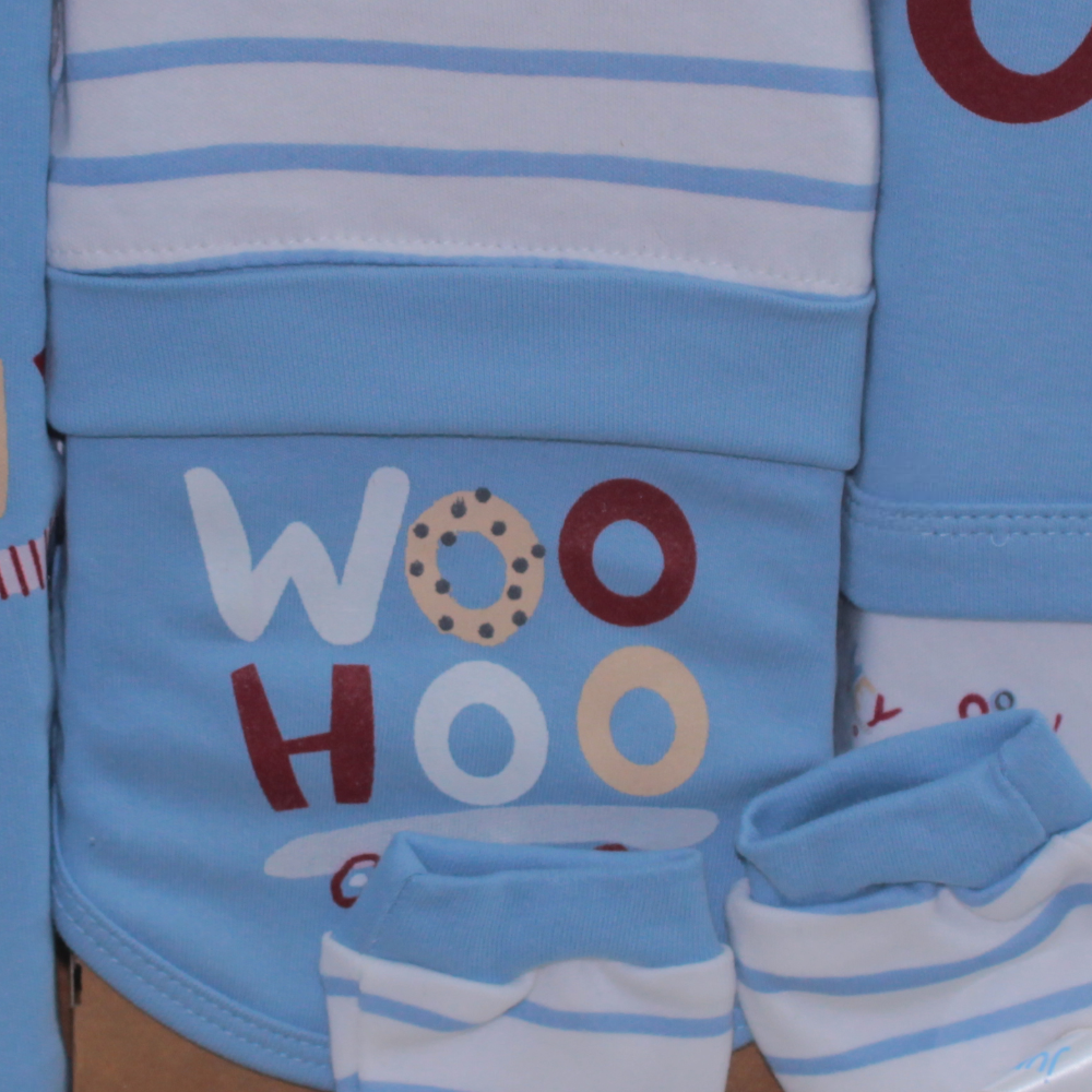 Baby Boys Cotton Gift Box – Baby Blue with “Woo Hoo” Design 5 Pcs (0-3m)
