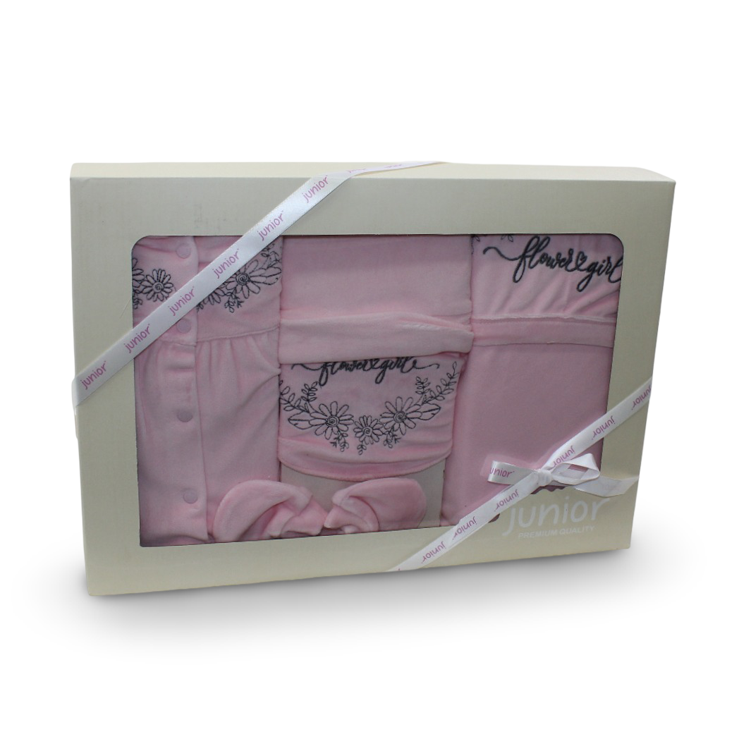 Baby Girls Velvet Gift Box – Pink with Flowers Design 5 Pcs (0-3m)