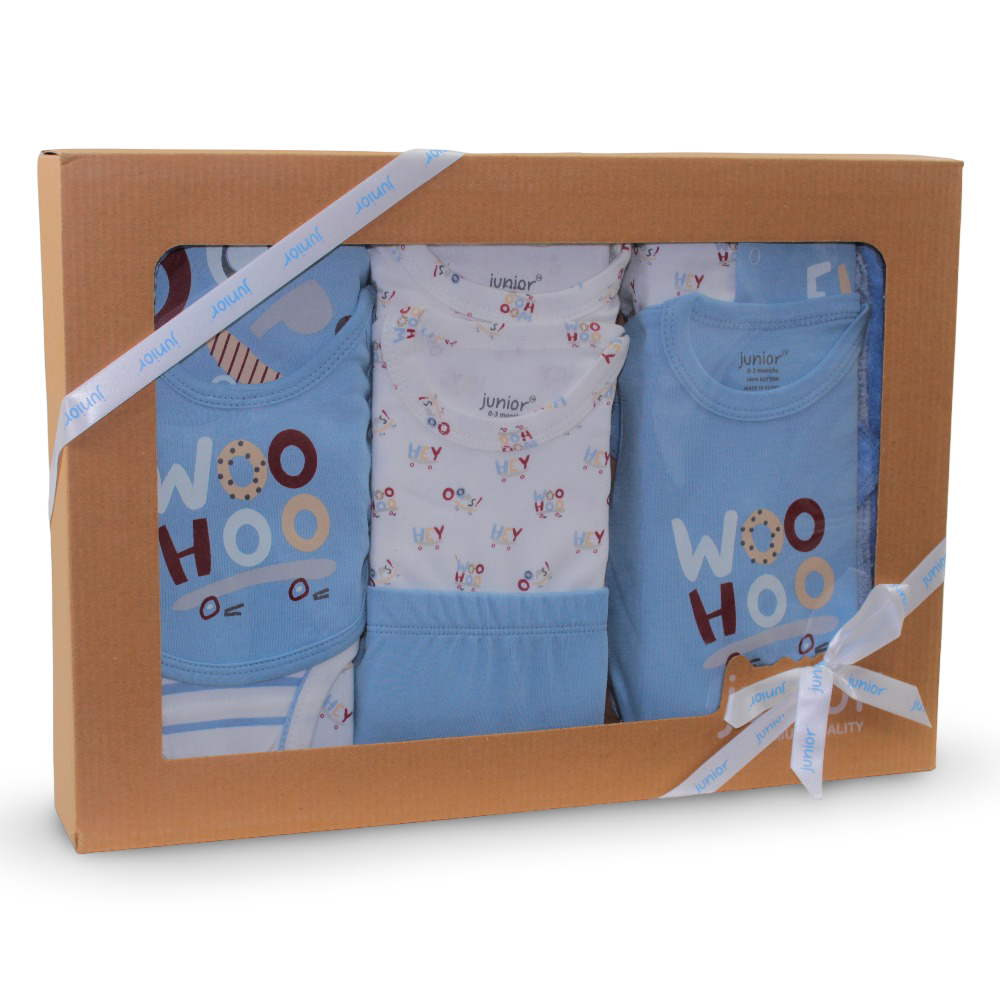 Baby Boys Cotton Gift Box – Baby Blue with “Woo Hoo“ Design 10 Pcs (0-3m) - Clothing - Junior