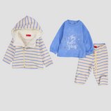 Bluish Striped Long-Sleeved Fleeced Hooded 3-Piece Pajama