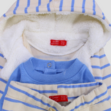 Bluish Striped Long-Sleeved Fleeced Hooded 3-Piece Pajama