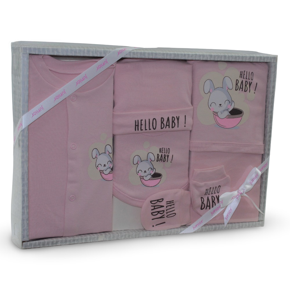 Baby Girls Cotton Gift Box – Pink with "Hello Baby" Design (5 Pcs) - Clothing - Junior