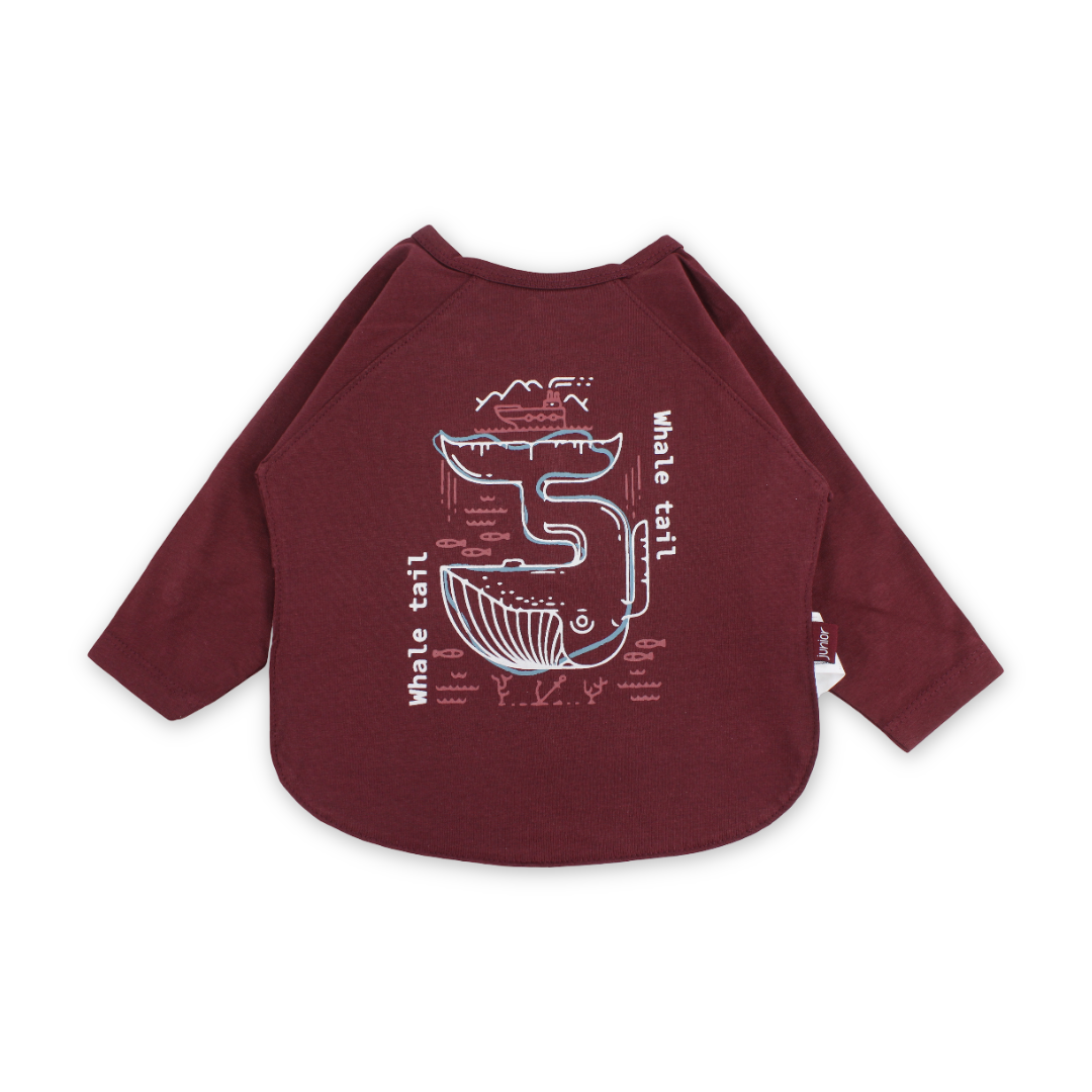 Coton Long-Sleeved Baby Bib – Maroon with Wale Tail Print