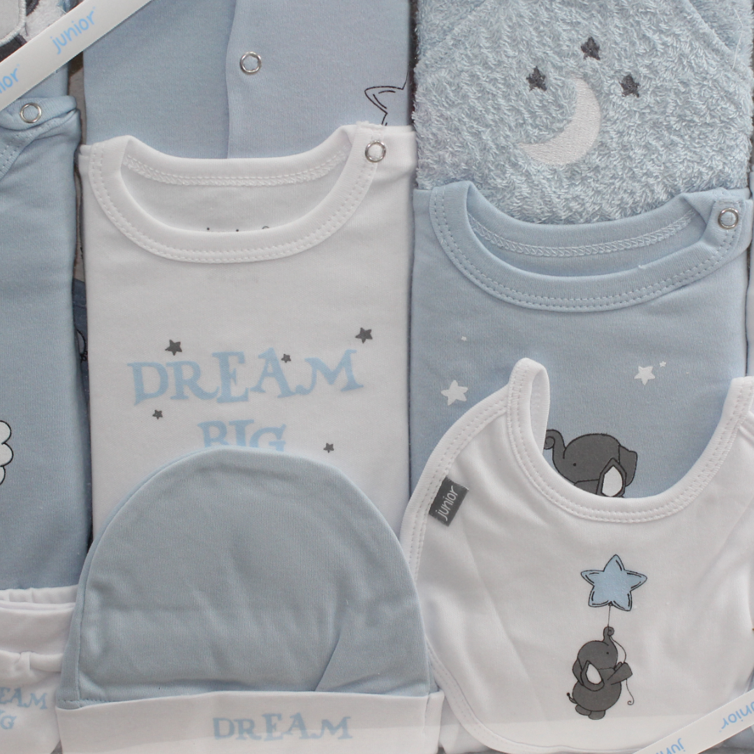 Baby Boys Cotton Gift Clothes Box – Baby Blue with Elephant Print (10 Pcs)