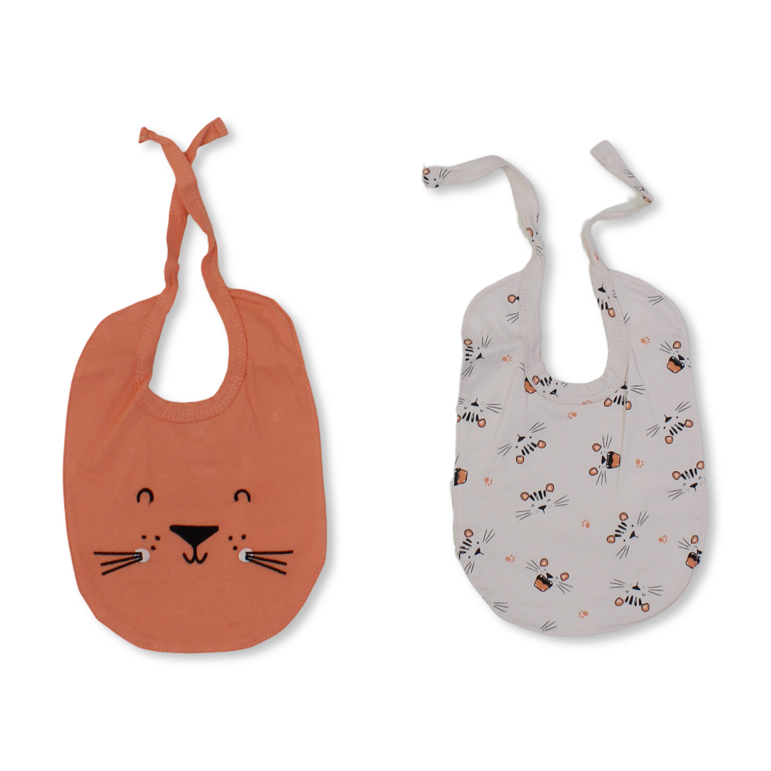 Cotton Bib – Orange & Beige with Cat Print (2Pcs)