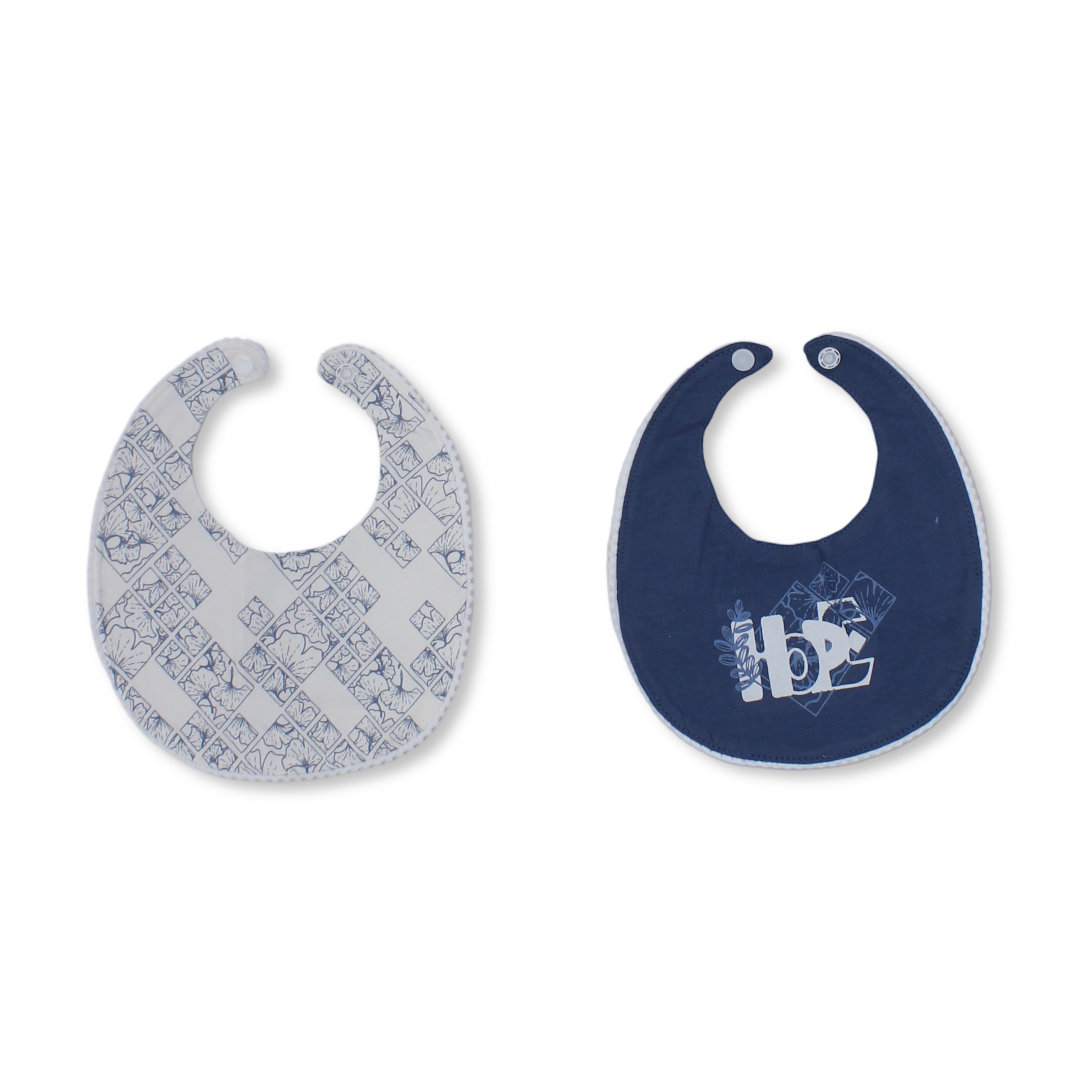 Cotton Bib – Indigo & Off-White with "Hope" Print (2Pcs)
