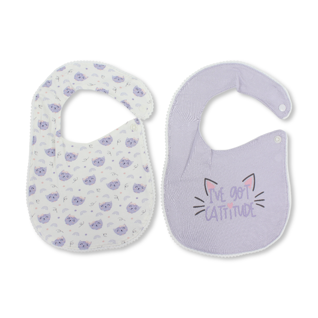 Cotton Bib – Purple & Off-White with Cats Print