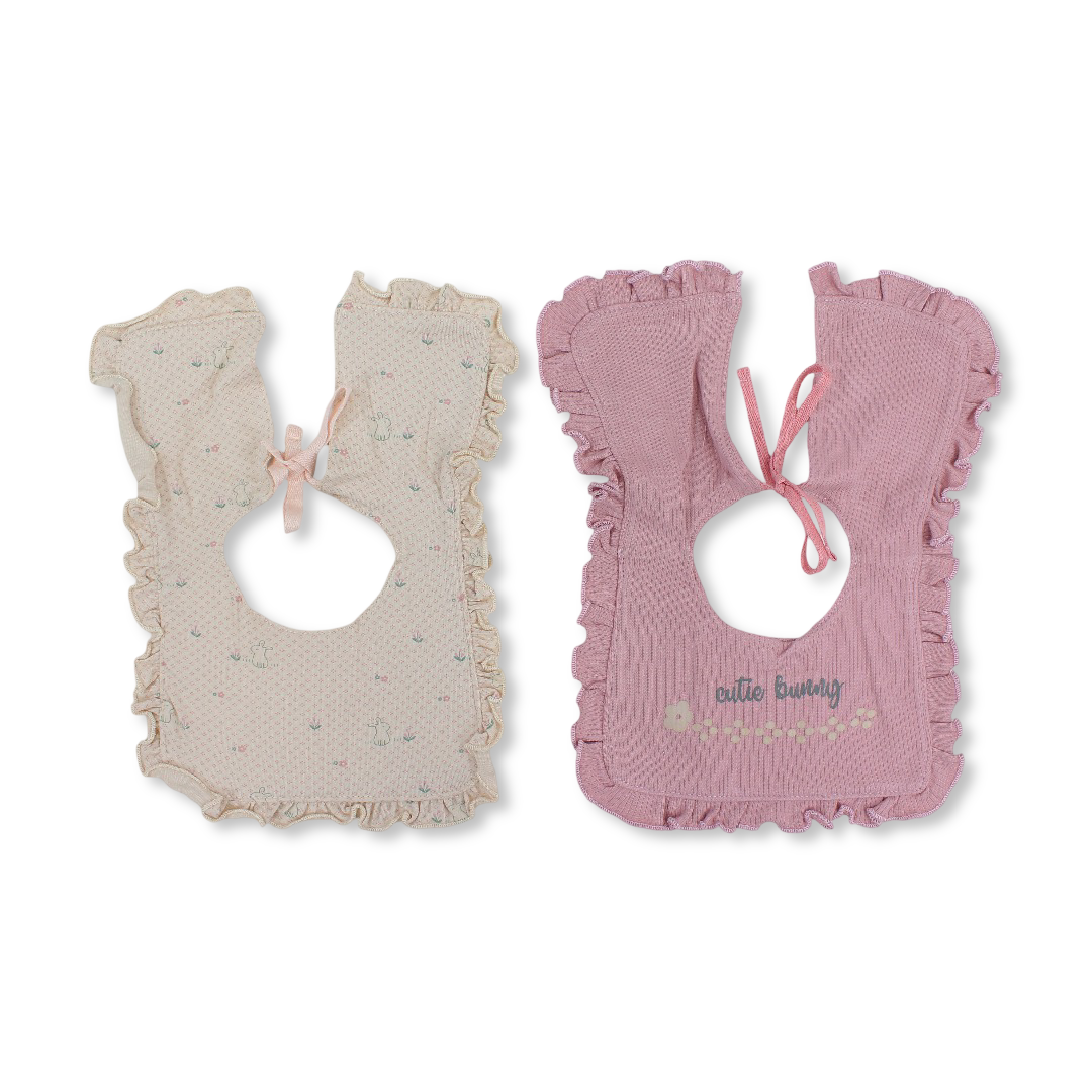 Cotton Bib Pink & Beige with Rabbit and Flowers Print – Pack Of 2