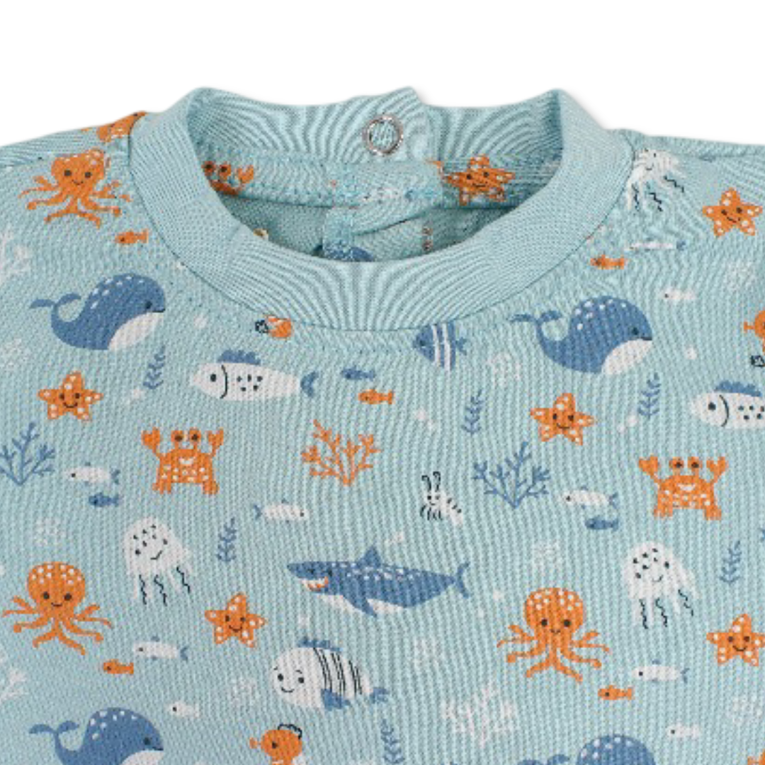 Baby Boys Cotton Romper – Aqua with Seabed Print