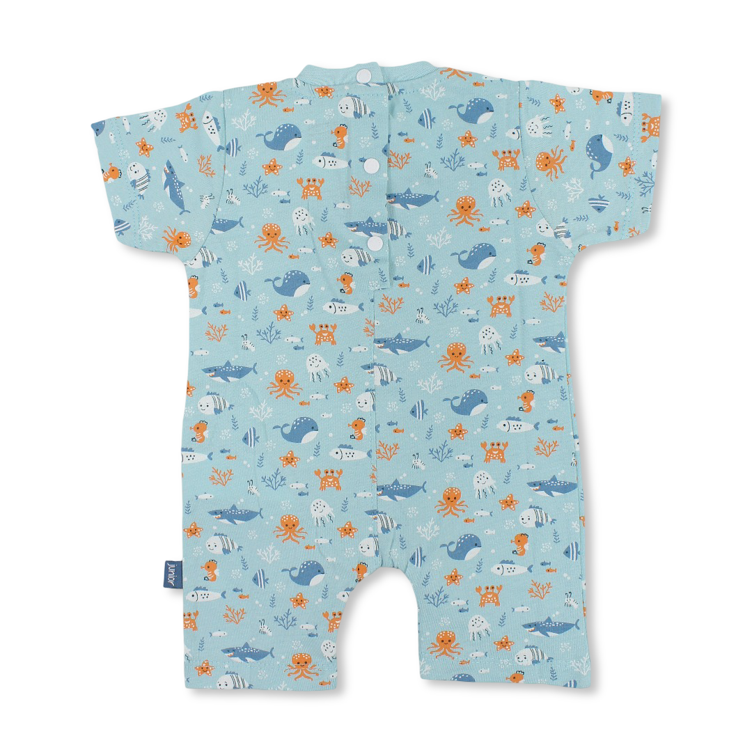 Baby Boys Cotton Romper – Aqua with Seabed Print
