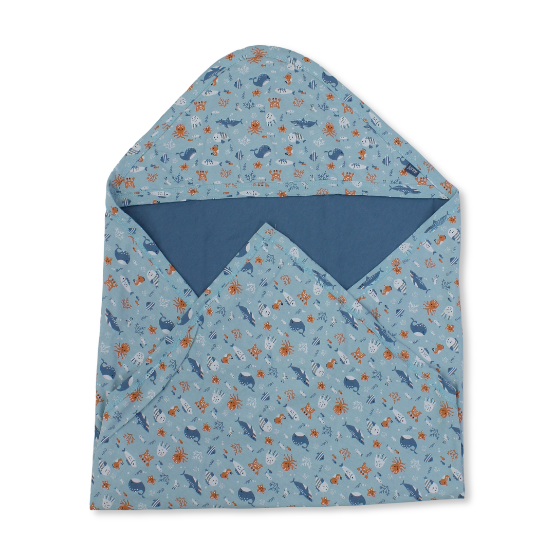 Cotton Baby Blanket – Aqua with Seabed Print - Baby Essentials - Junior