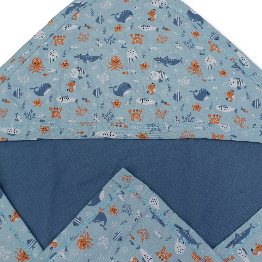 Cotton Baby Blanket – Aqua with Seabed Print