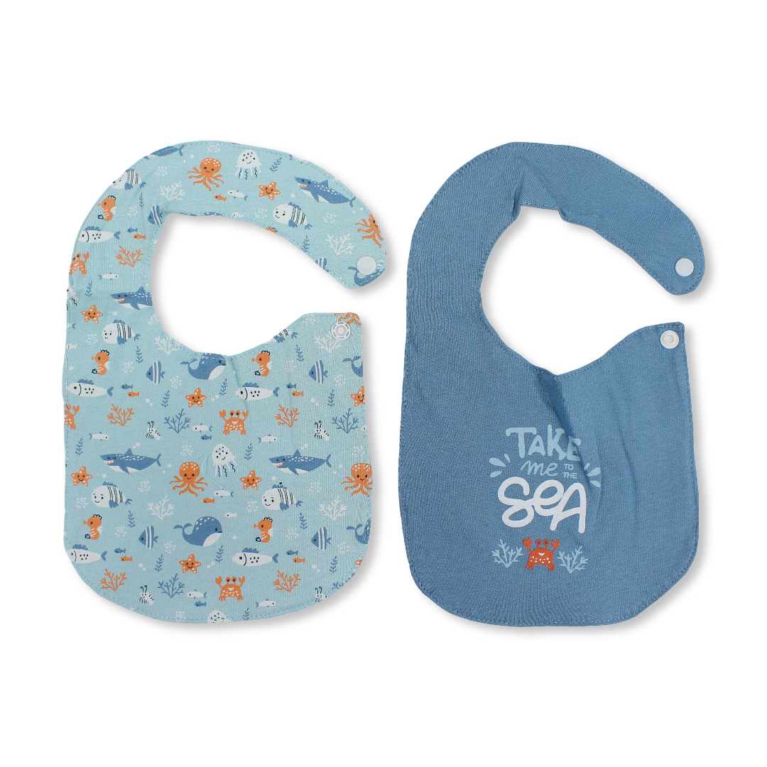 Cotton Bib Aqua & Blue with "Take me to The Sea" Print – Pack Of 2