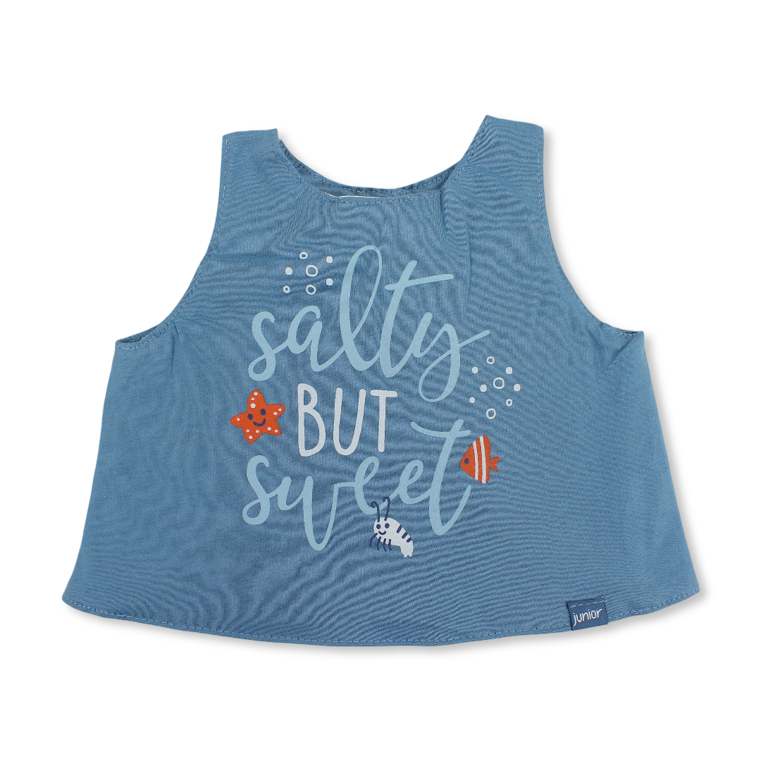 Cotton Bib – Blue with "Saety But Sueet" Print
