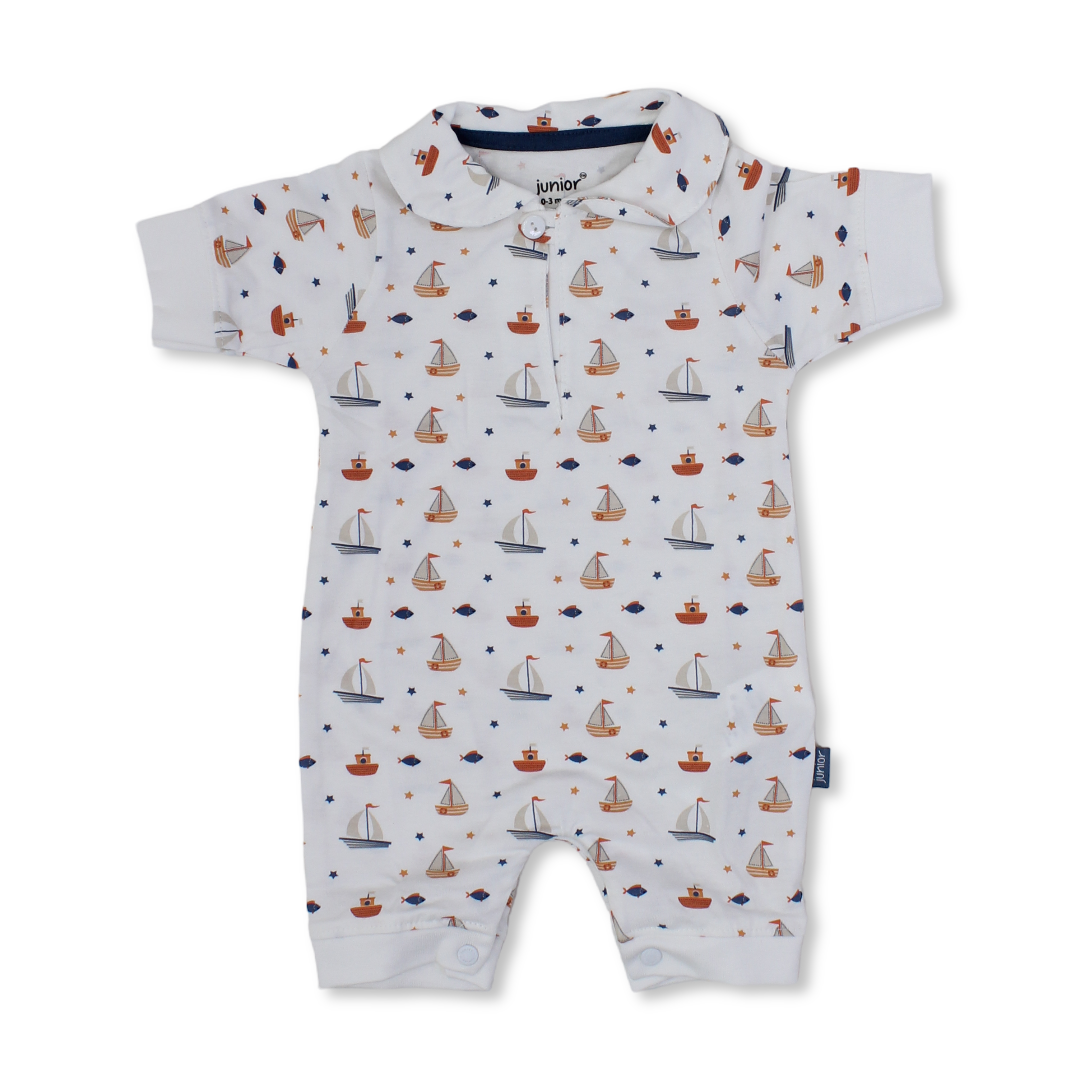 Baby Boys Cotton Romper – Off-White with Boats Print