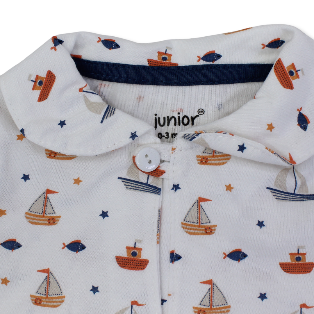 Baby Boys Cotton Romper – Off-White with Boats Print