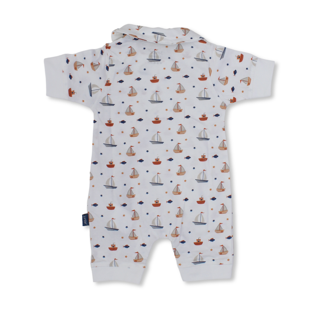Baby Boys Cotton Romper – Off-White with Boats Print
