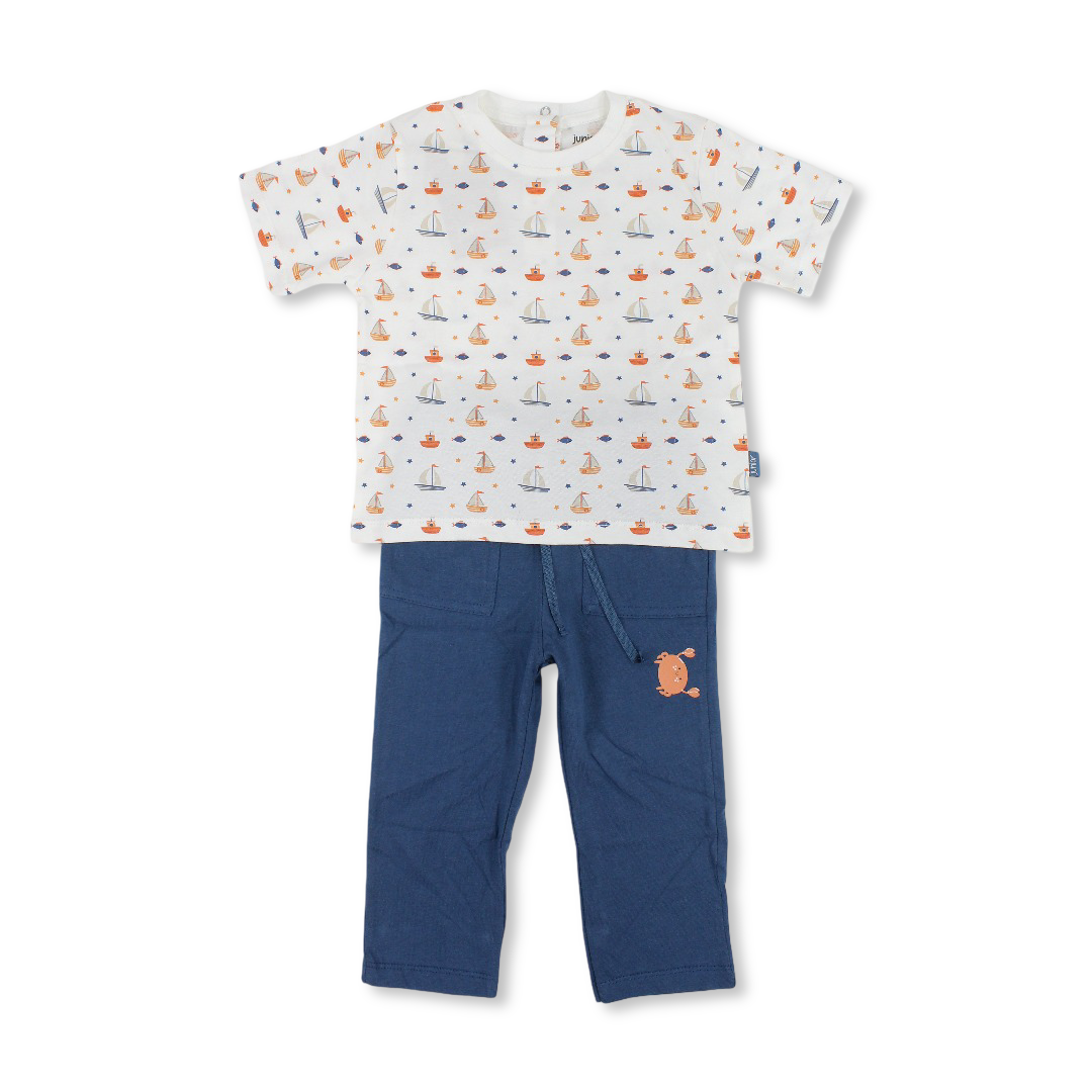 Baby Boys Cotton Pajama – Off-White with Boats Print