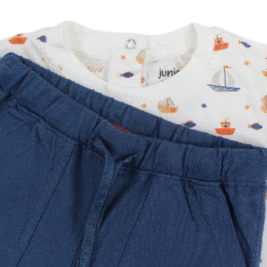 Baby Boys Cotton Pajama – Off-White with Boats Print