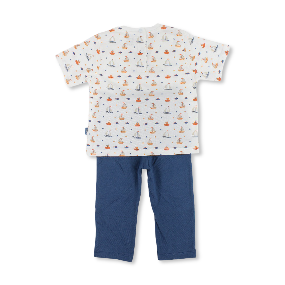 Baby Boys Cotton Pajama – Off-White with Boats Print