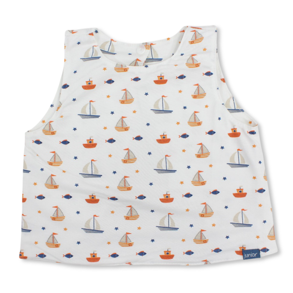 Cotton Bib – Off-White with Boats Print