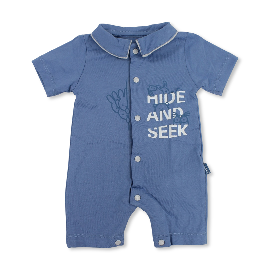 Baby Boys Cotton Romper – Baby Blue with "Hide and Seek" Print