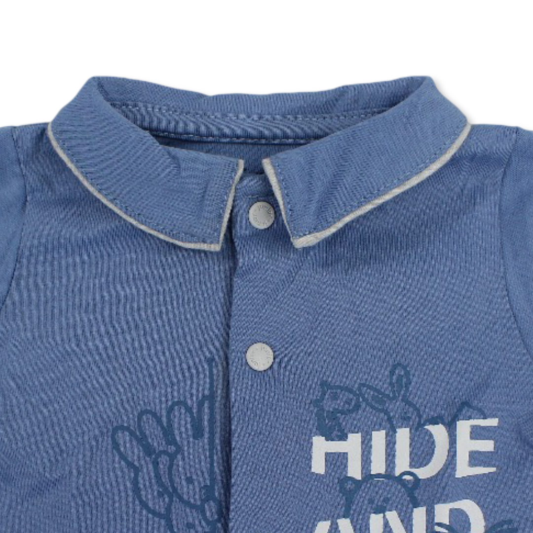 Baby Boys Cotton Romper – Baby Blue with "Hide and Seek" Print
