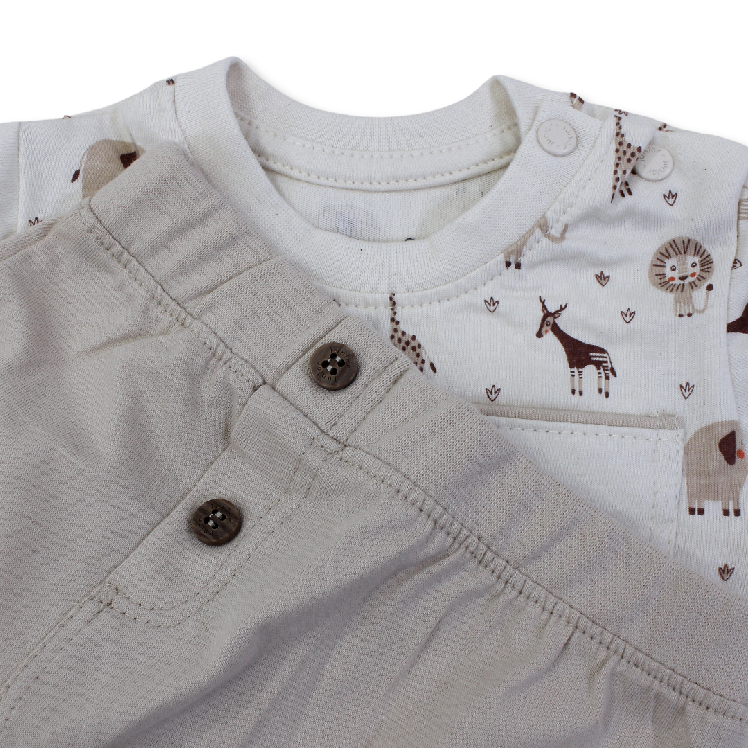 Baby Boys Cotton Pajama – Beige with Animals Print