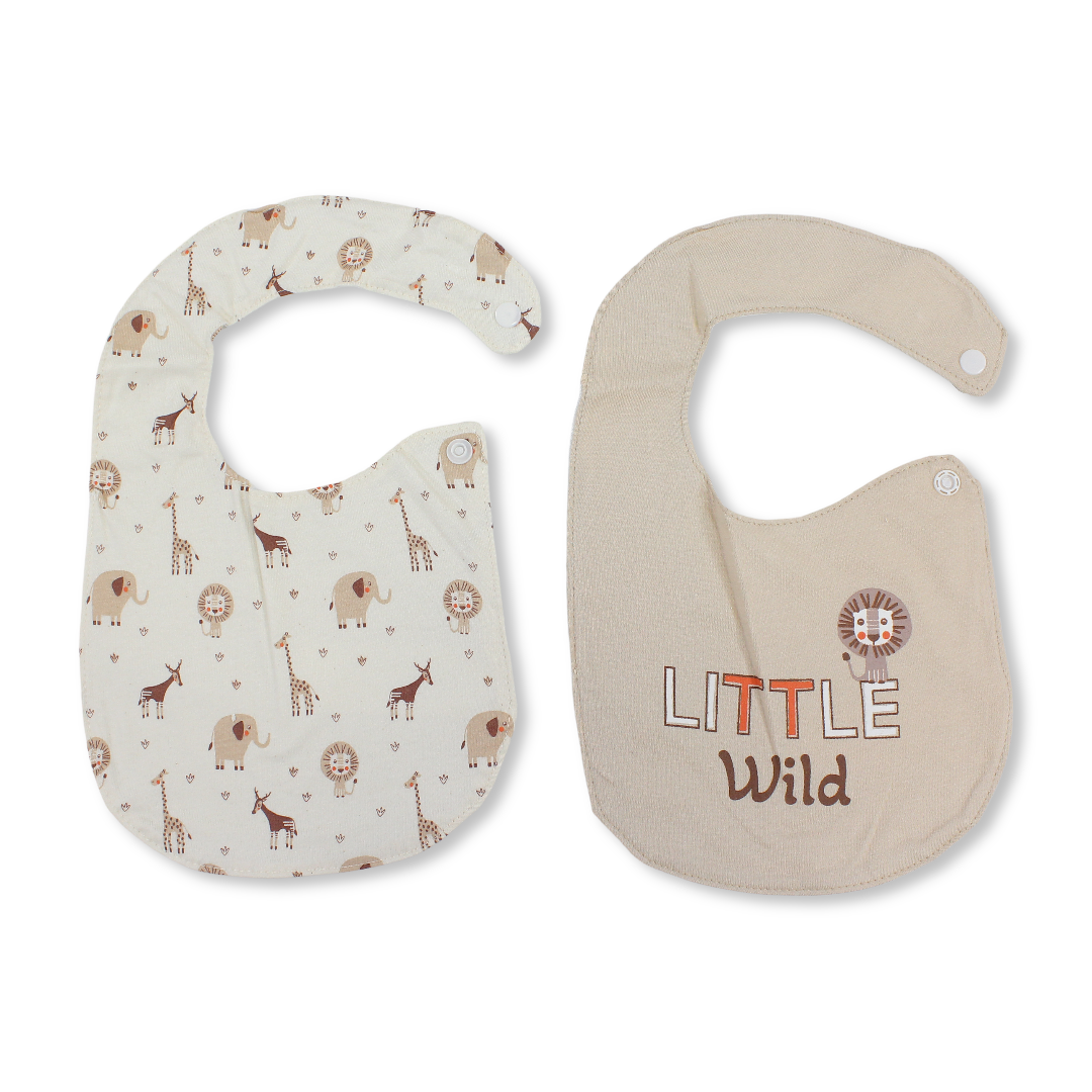 Cotton Bib Beige & Off-White with "Little Wild" Print – Pack Of 2