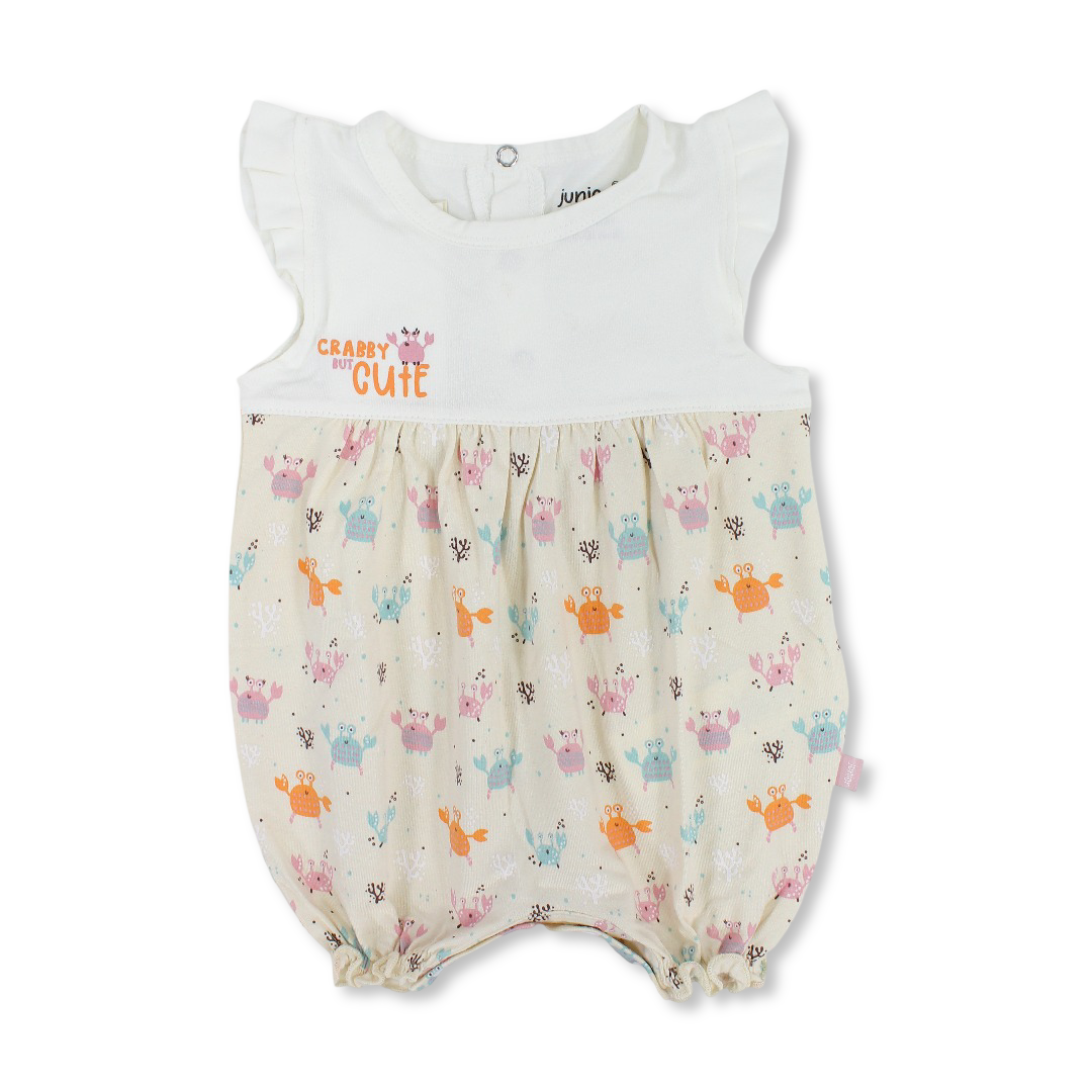 Baby Girls Cotton Romper – Off-White & Beige with Crab Print - Clothing - Junior