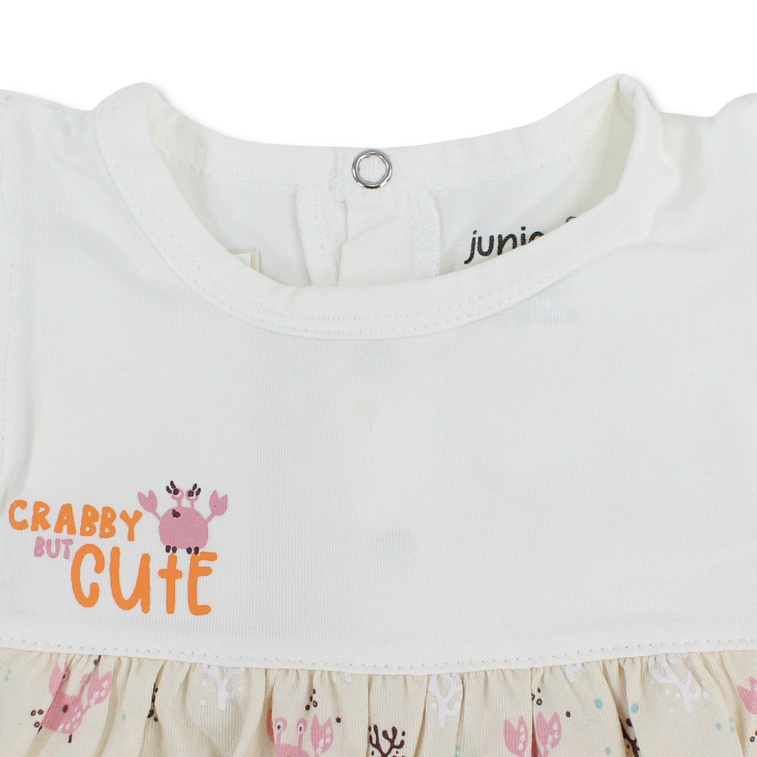 Baby Girls Cotton Romper – Off-White & Beige with Crab Print