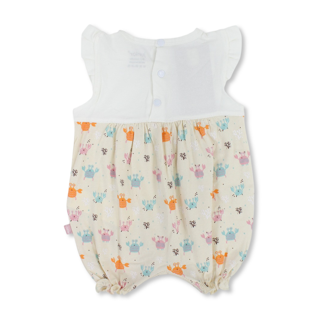 Baby Girls Cotton Romper – Off-White & Beige with Crab Print