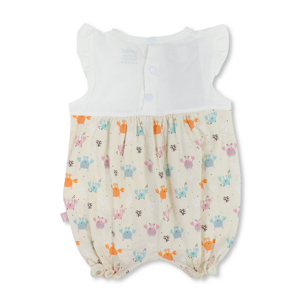 Baby Girls Cotton Romper – Off-White & Beige with Crab Print